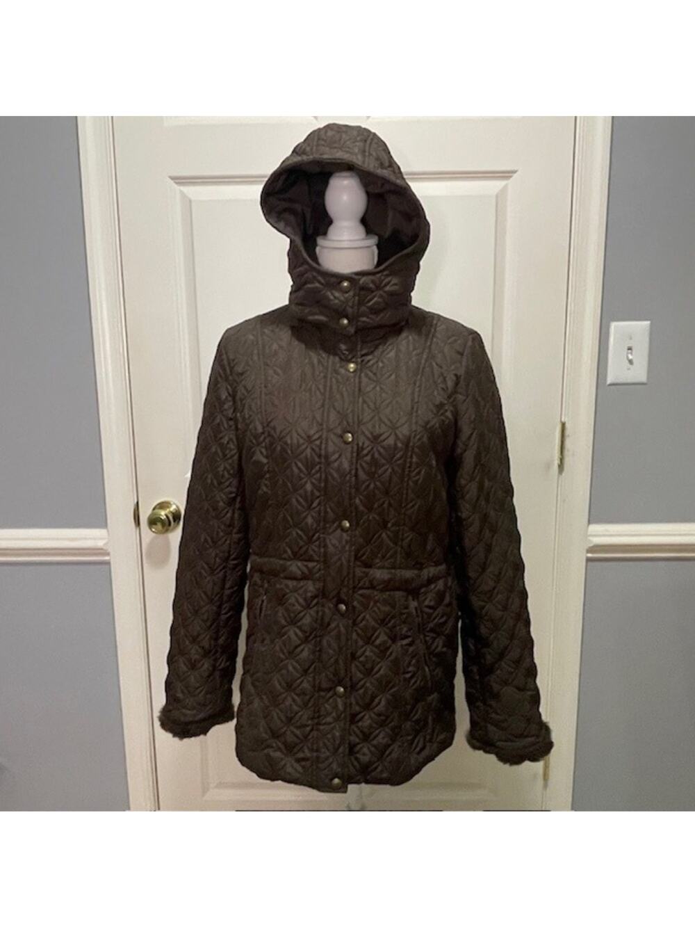 Marc New York Andrew Marc Quilted Brown Faux Fur Trim Hooded Coat Women's M